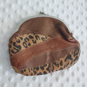 Vintage Leopard Print Patch 80s Leather Pouch Coin Wallet Kiss Clasp Purse Bag